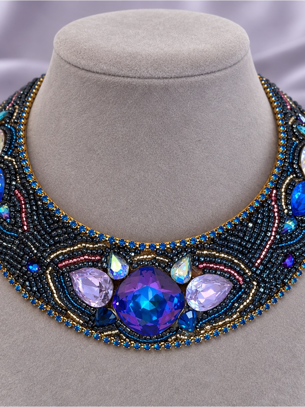 M.J. Hansen Signed Peacock Blue Purple Jeweled Statement Collar Necklace